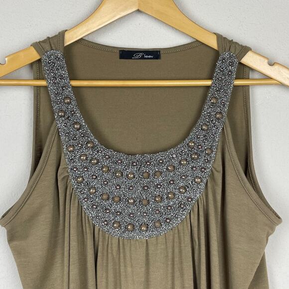B'Leev Taupe Beaded Bib Neckline Tank XL Y2K Sleeveless Tunic Top - Picture 6 of 7
